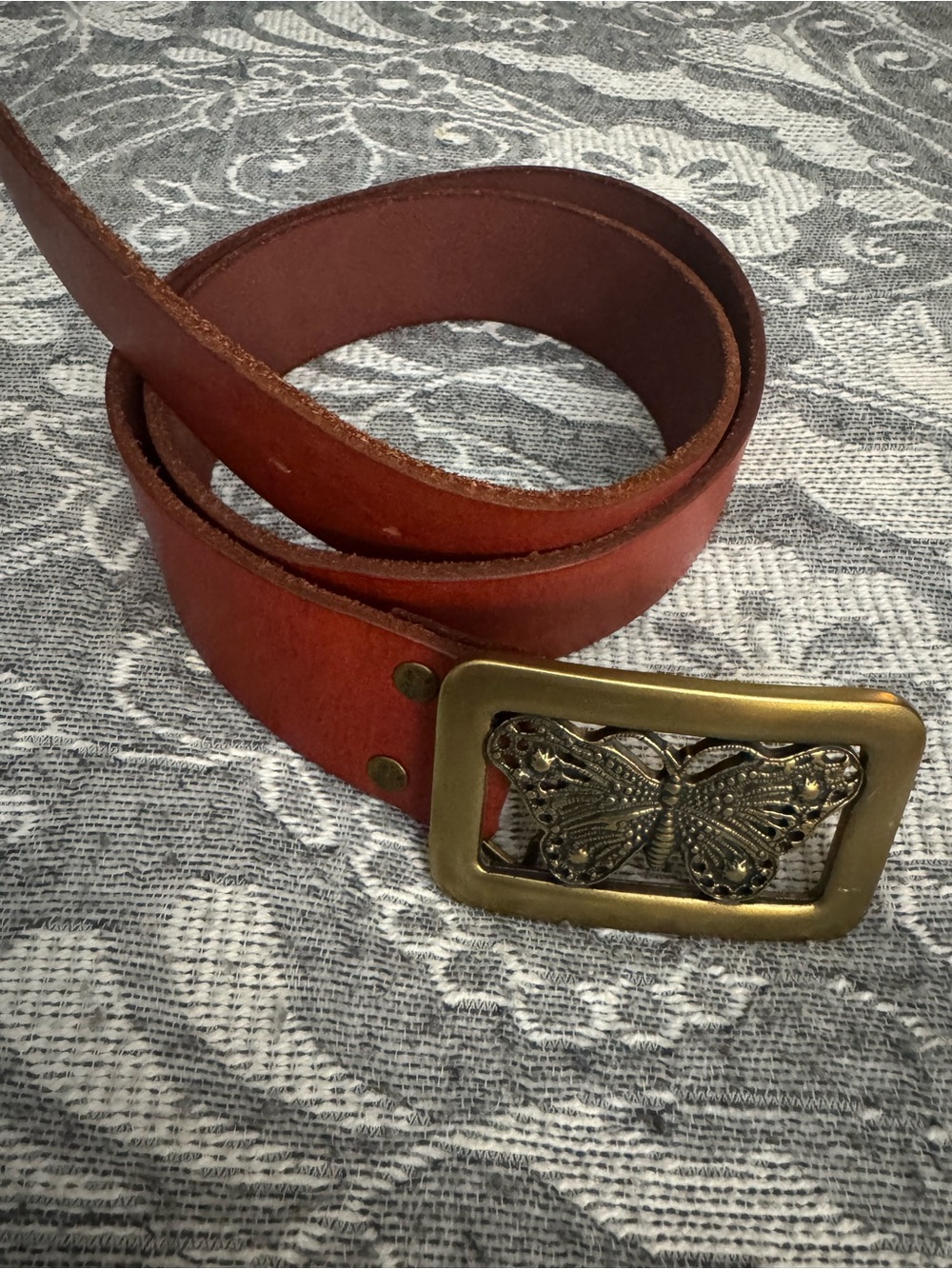 Lucky Brand Vintage Leather Belt Brown Big Brass Butterfly Buckle 32” Boho